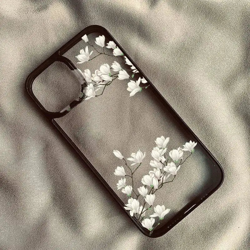 White Magnolia Flower Phone Case For iPhone 14 Pro 15 13 12Mini 11 18 Pro Max 16 17 Air Plum Blossom Shockproof Clear Hard Cover