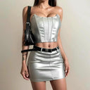 Cool Patchwork Fishbone Tube Top Skirt Set Summer Fashion