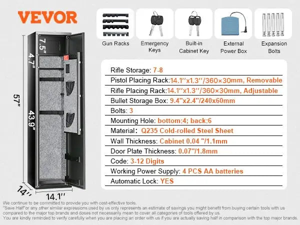 SucceBuy 3-8 Rifles Gun Safe w/ Digital Keypad & Lock Gun Storage Cabinet with Removable Storage Shelf for Home Long Gun Pistols