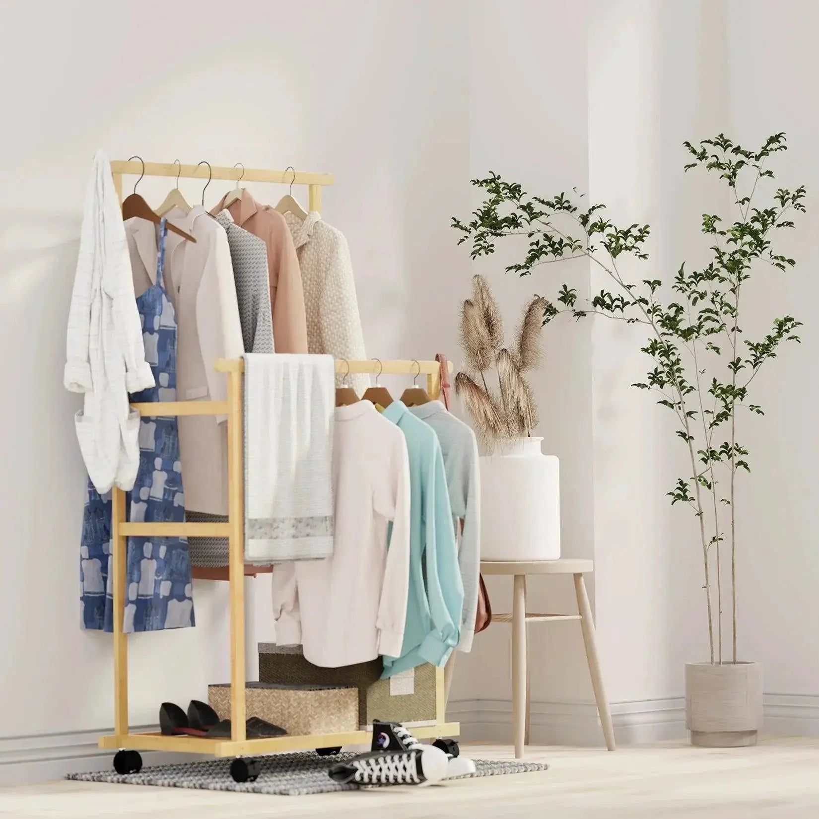 Bamboo Garment Coat Rack Heavy Duty Clothes Hanging Shelves