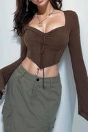 Vintage Fishbone Bell Sleeve Top Street Style Elegance