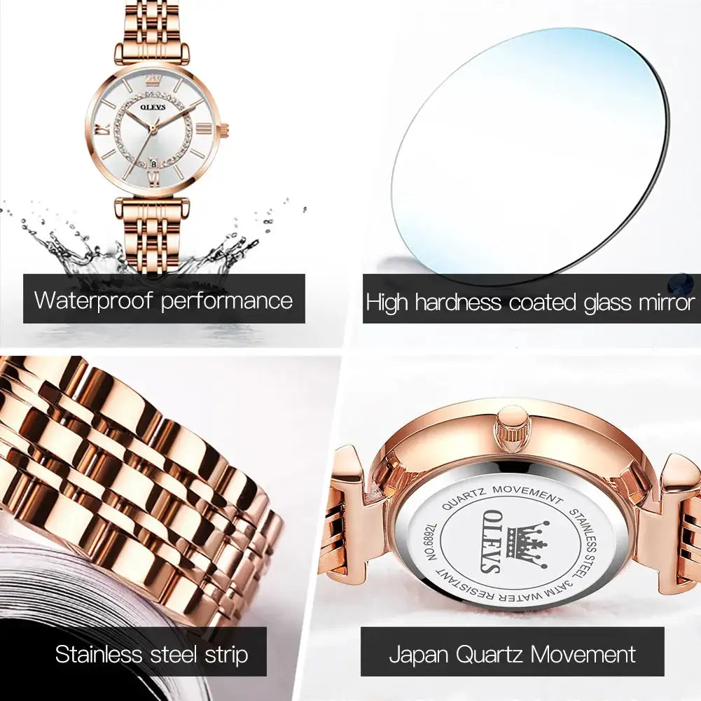 OLEVS 6892 Women's Watches Elegant Fashion Original Wristwatch Waterproof Stainless Steel Mesh Belt Luminous Inlaid Zircon