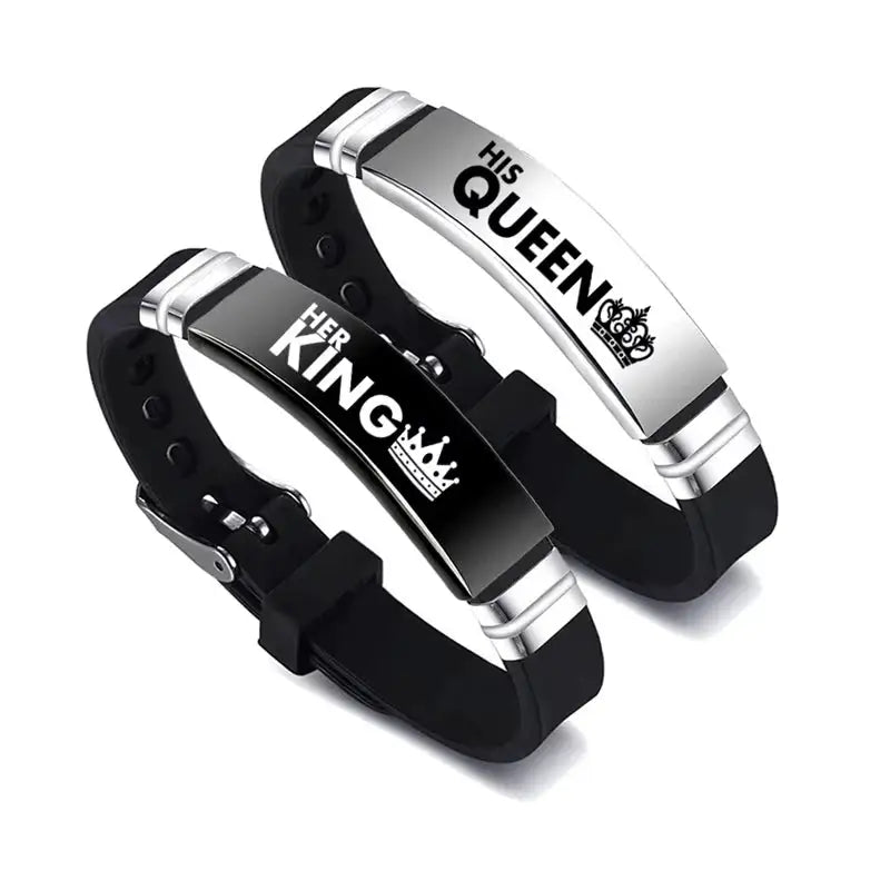 2Pcs/Set His Queen Her King Couple Minimalist Bracelet Stainless Steel Adjustable Silicone Strap Bangle Valentine's Day Gift