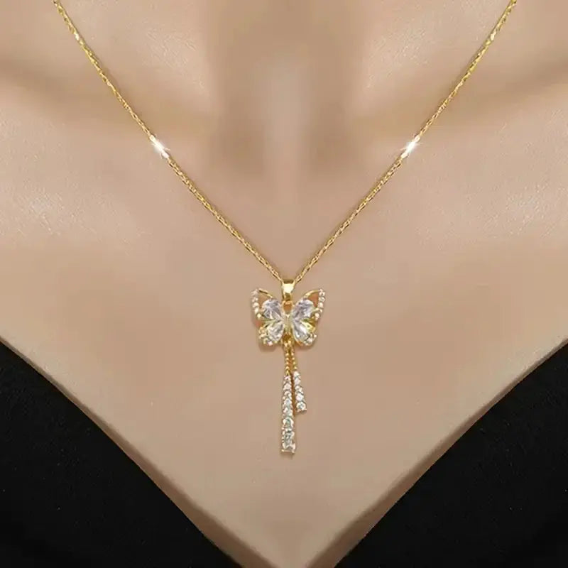 Exquisite Micro Inlaid Zircon Butterfly Tassel Necklace
