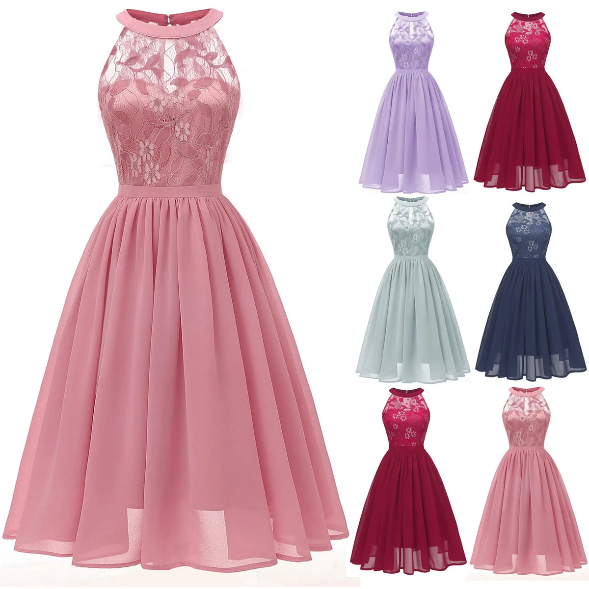 Sleeveless Lace Chiffon Cocktail Dress