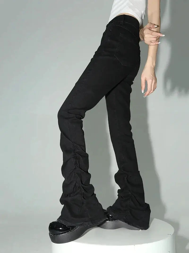 REDDACHiC Black Ruched Flare Jeans High Rise For Women