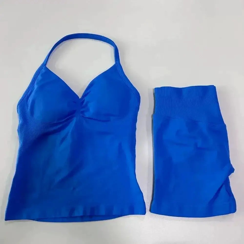 Sexy Halter Neck Beautiful Back High Waist Peach Sports Bras Shorts Suit Pilates Gathering Yoga Vest Training Fitness Bra Sets