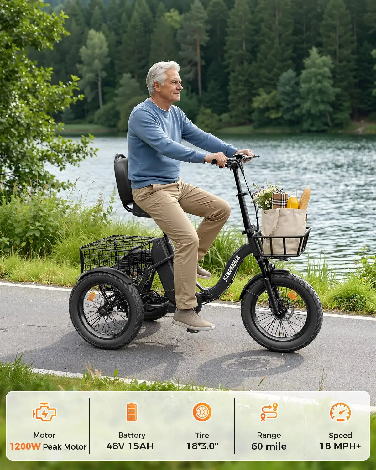 Spacewalk 1200W Peak Electric Trike for Adults, 48V 15Ah Battery 3 Wheel Electric Bike with 18"x3.0 Fat Tires, 60 Miles Range, Folding Cargo E-Bike with Wide Comfort Seat & Basket for Seniors-Black