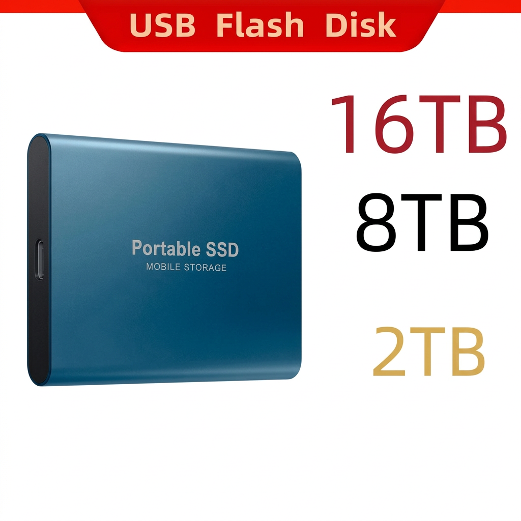 A portable external SSD shown in a metallic blue-gray finish on a white background with large text indicating storage capacities: 16TB, 8TB, and 2TB. Chinese promotional text appears along the top and bottom borders.