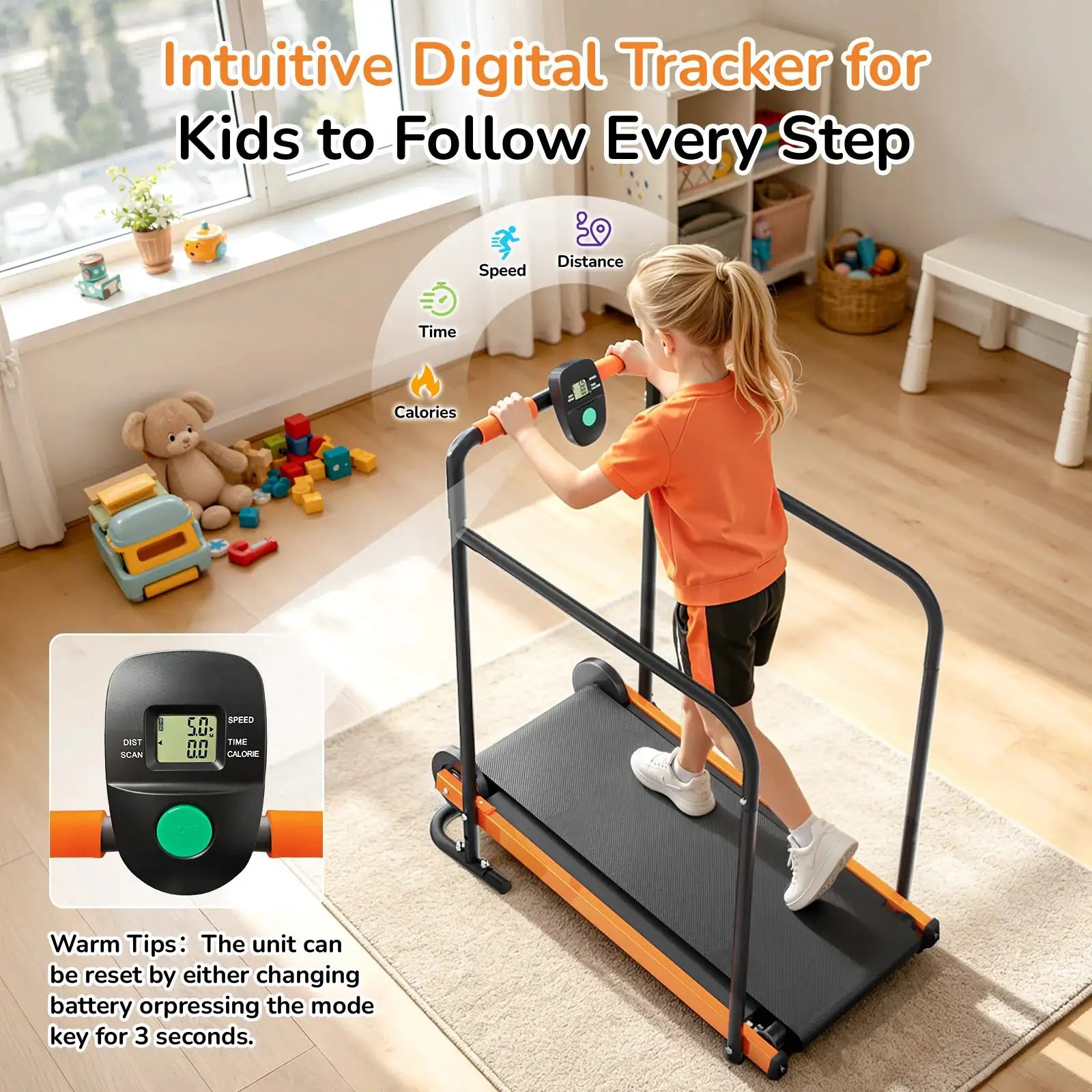 AKLUER Kids Walking Pad Treadmill - Non-Electric Indoor Exercise Equipment for Boys & Girls, Self-Propelled Fitness Toy with Front Padded Rails, Safe Active Play Gym for Home Use
