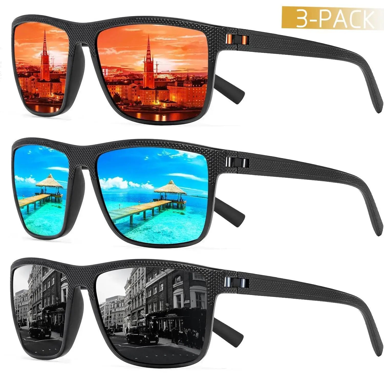 Crixalis 3PCS UV400 Polarized Square Sunglasses For Men