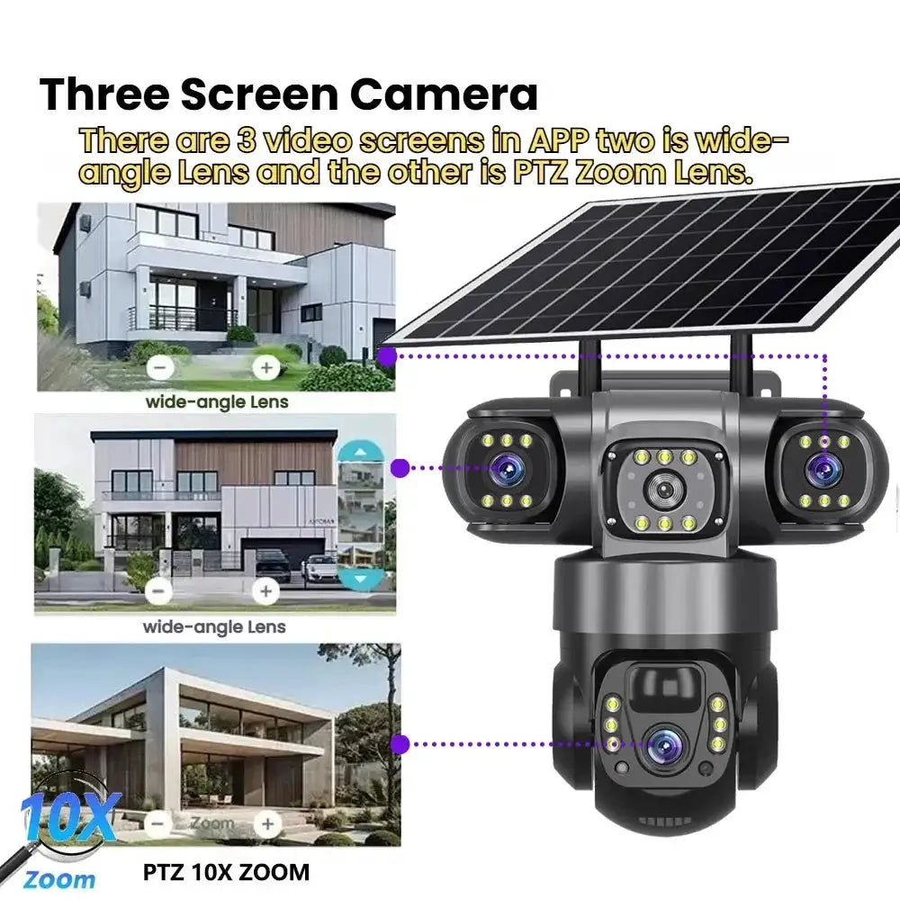 Solar 4G Outdoor Security Camera With 3 Lenses And 10X Zoom Night Vision - stepyours.com