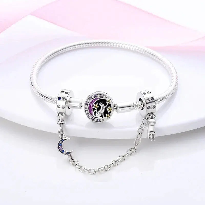Silver Plated Safety Chain Pink Cat Moon Star Charm