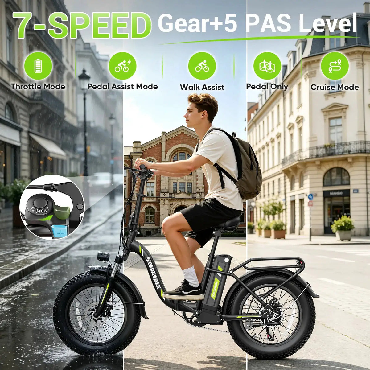 Spacewalk 1500W Foldable Electric Bike for Adults 20x4.0 Folding E-Bike 48V 15Ah Removable Battery 28MPH Long Range 45-60 Miles 7-Speed Gears 5 PAS with NFC Unlock