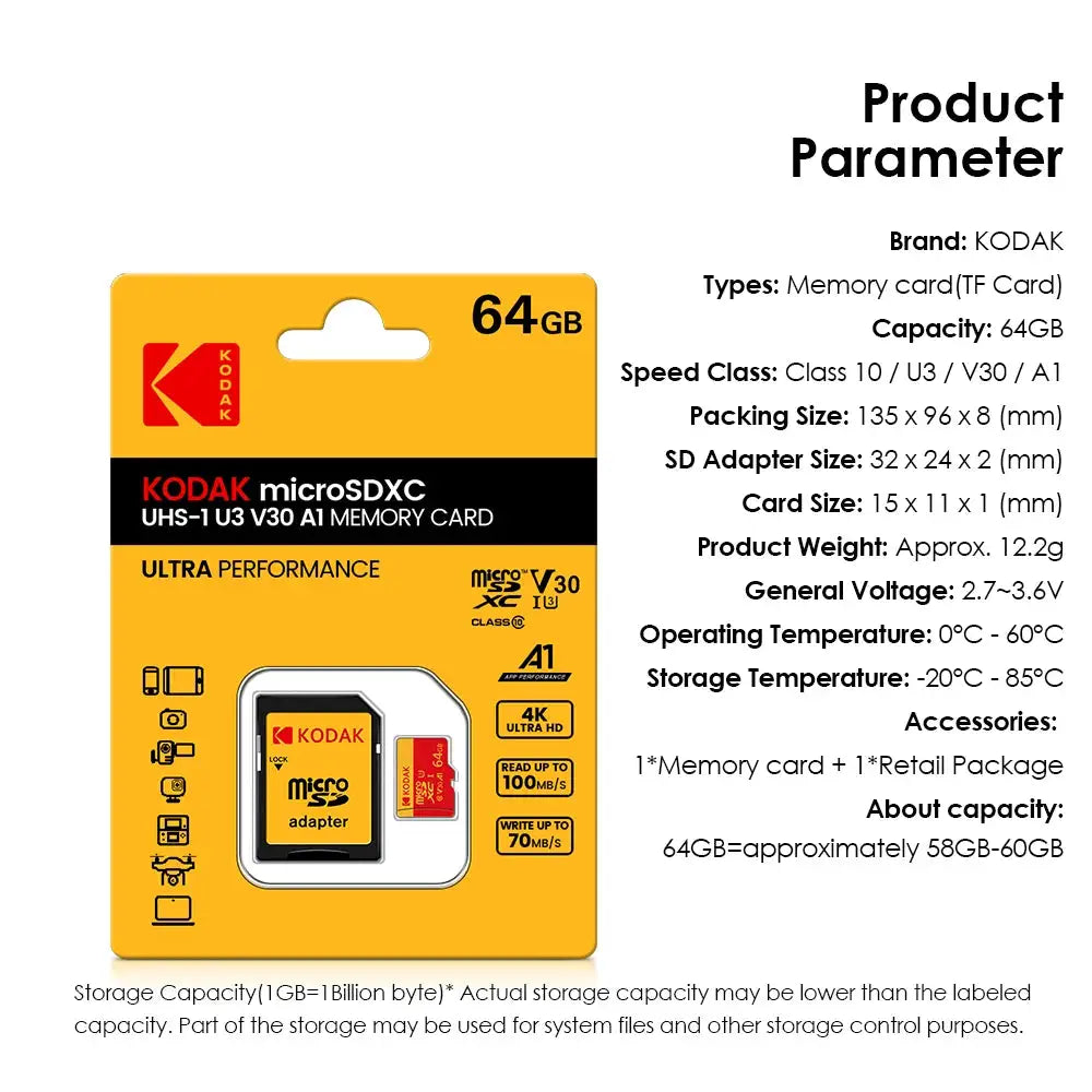 5pcs NEW KODAK Micro SD Memory Card 100MB/s Class10 U3 UHS-I 32GB 64GB 128GB TF Card 4K HD for Smartphone and Tablet PC