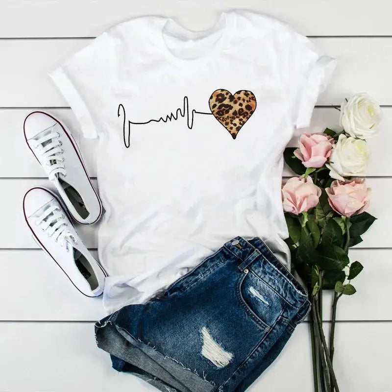 Summer 90s Leopard Heartbeat Harajuku Graphic Womens T Shirt - OurLum.com