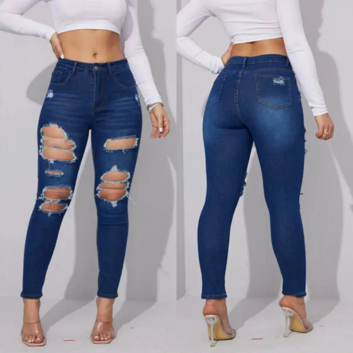 Summer New Womens Ripped Jeans High Stretch Slim Fit