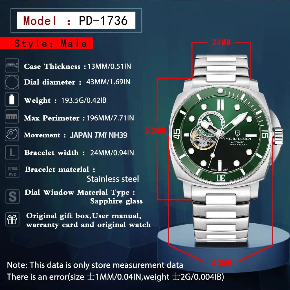PAGANI DESIGN PD1736 Men's Mechanical Watch - Sapphire Crystal, Stainless Steel, Waterproof Stylish Wristwatch NH39