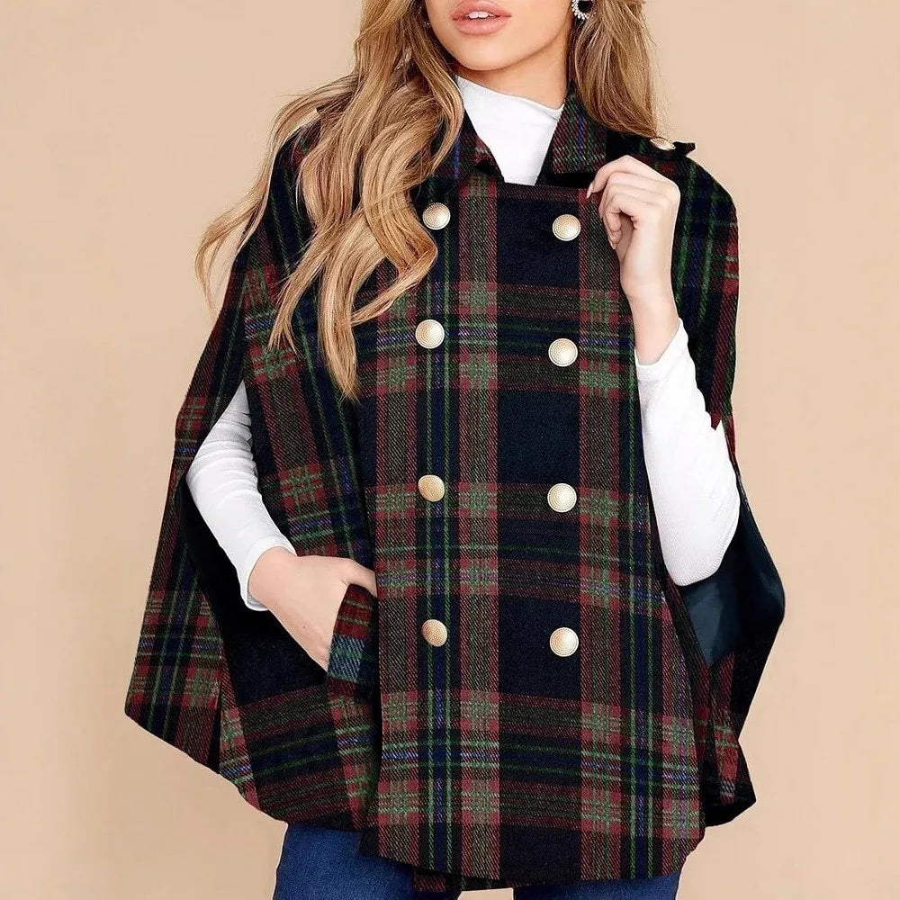 Plaid Patchwork V Neck Cape