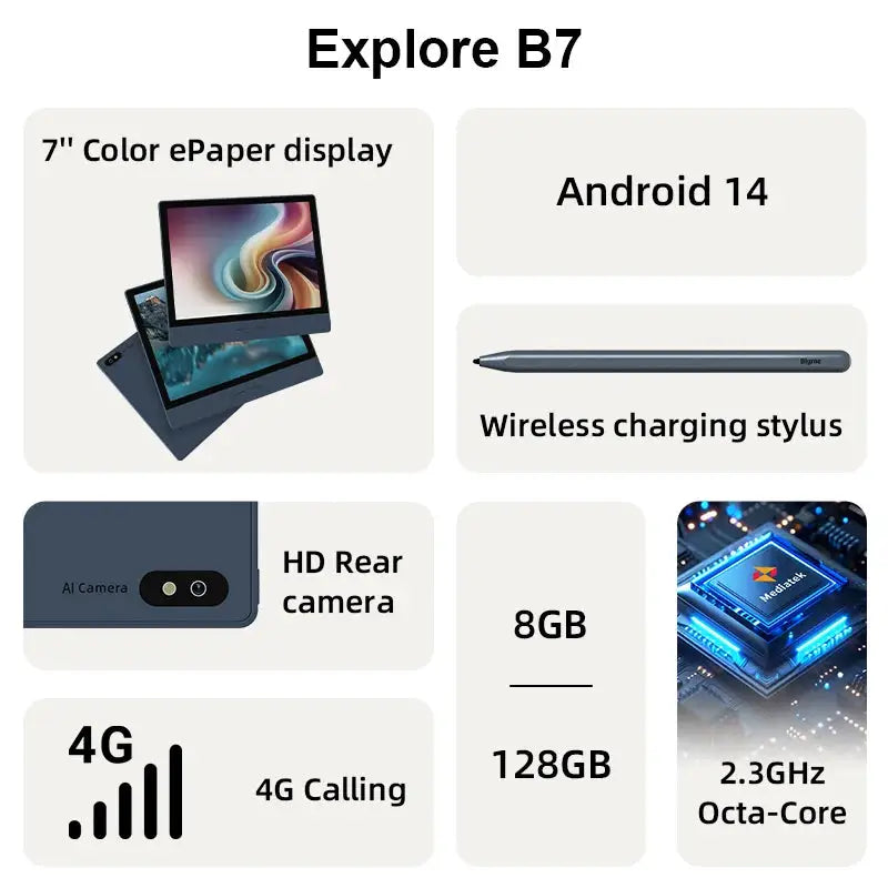 Bigme B7 Ereader, 7-inch E Ink Ebook Reader, 8GB+128GB, Android 14 Open System, Handwritten Ebooks E Reader Tablet with 5MP Rear Camera