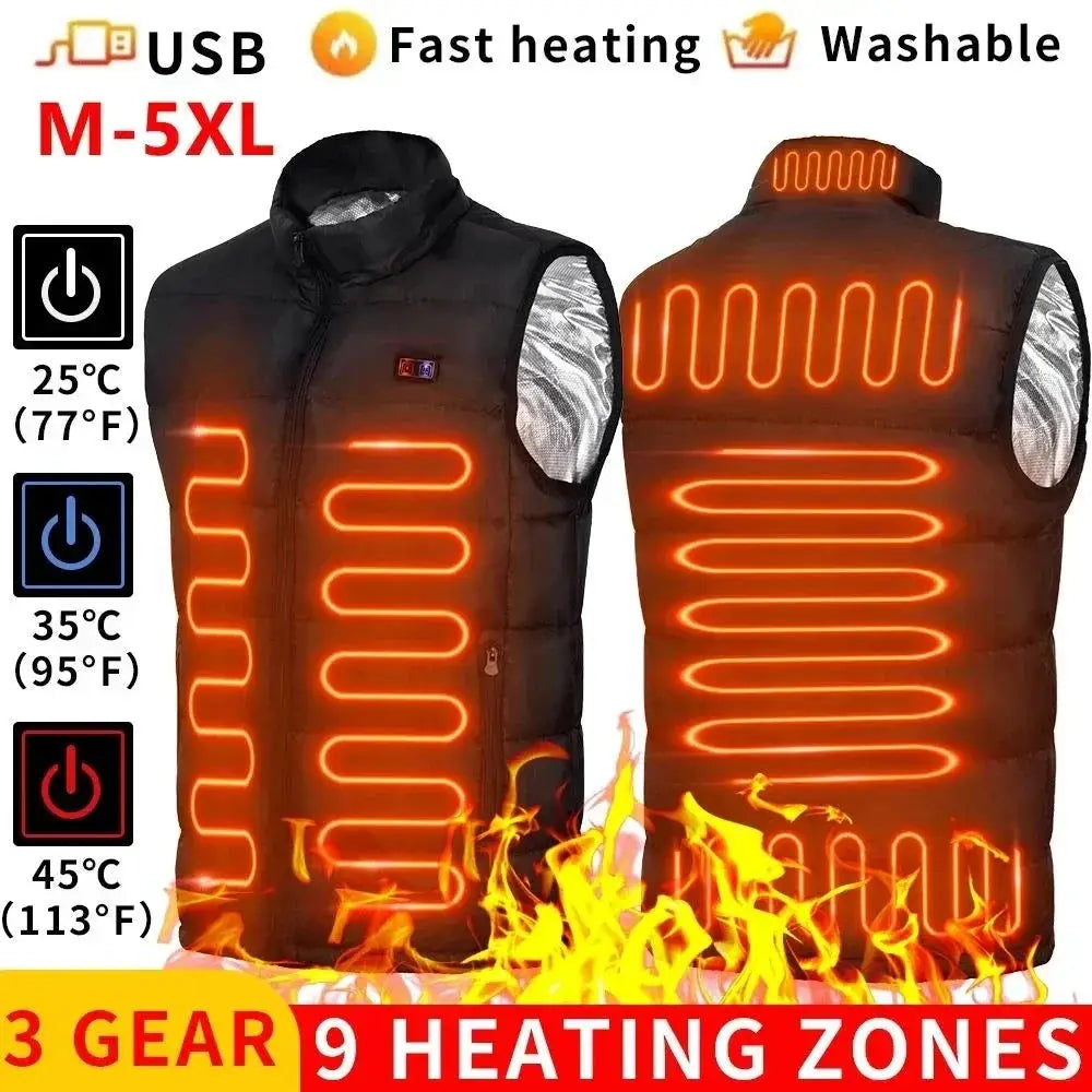New 9 Zone Heated Vest for Men and Women USB Powered Black