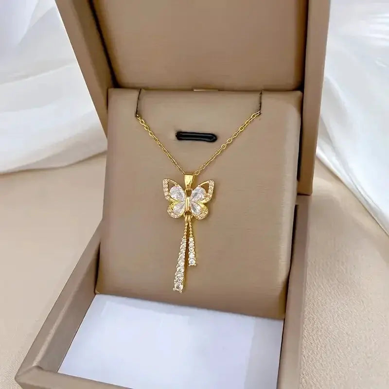Exquisite Micro Inlaid Zircon Butterfly Tassel Necklace