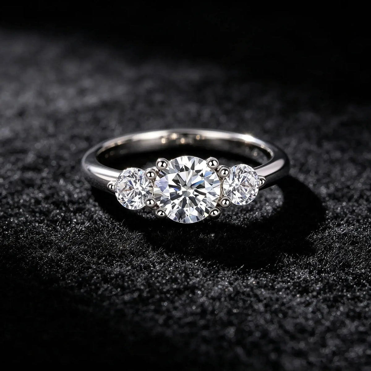 Three-stone moissanite ring with a center stone and two side accents