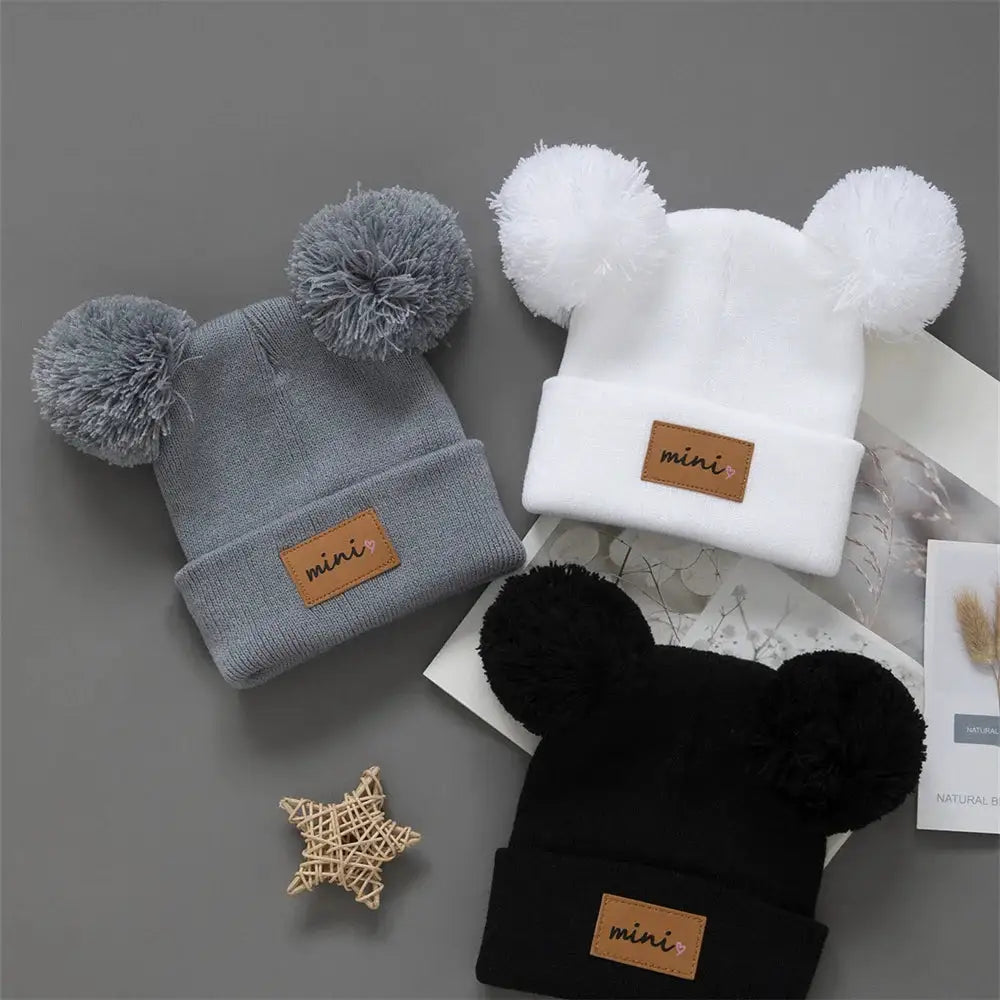 3pcs Breathable Stretchy Infant Knit Beanie with Heart Pompoms | Hand Washable, Mixed Colors