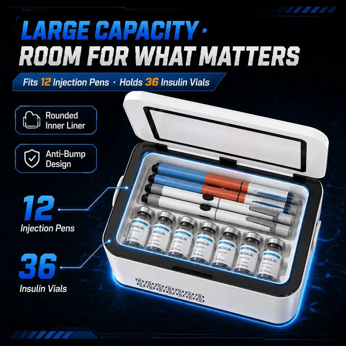 Smart Insulin Mini Fridge - 8-Minute Rapid Cooling, 0-18°C Precise Adjustment, Ultra-Quiet, Fits 12 Pens/36 Vials, USB Low-Voltage ≤36V, TSA-Friendly Compact Size