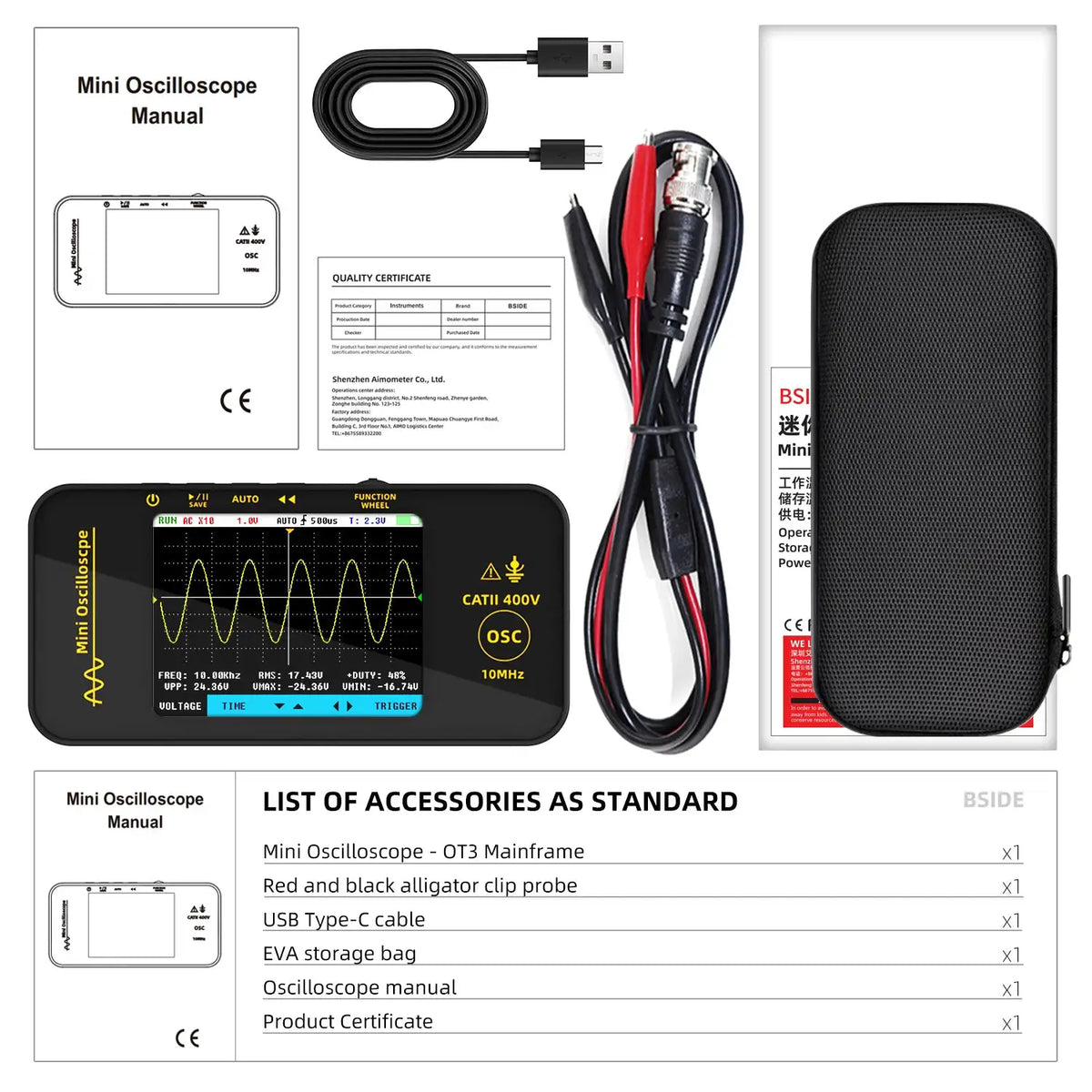 BSIDE OT3 Handheld Oscilloscope 3.2” TFT LCD Digital Scope Tester, 10MHz/48MSa/s,Potable Automotive Auto/Nomal/Single Trigger
