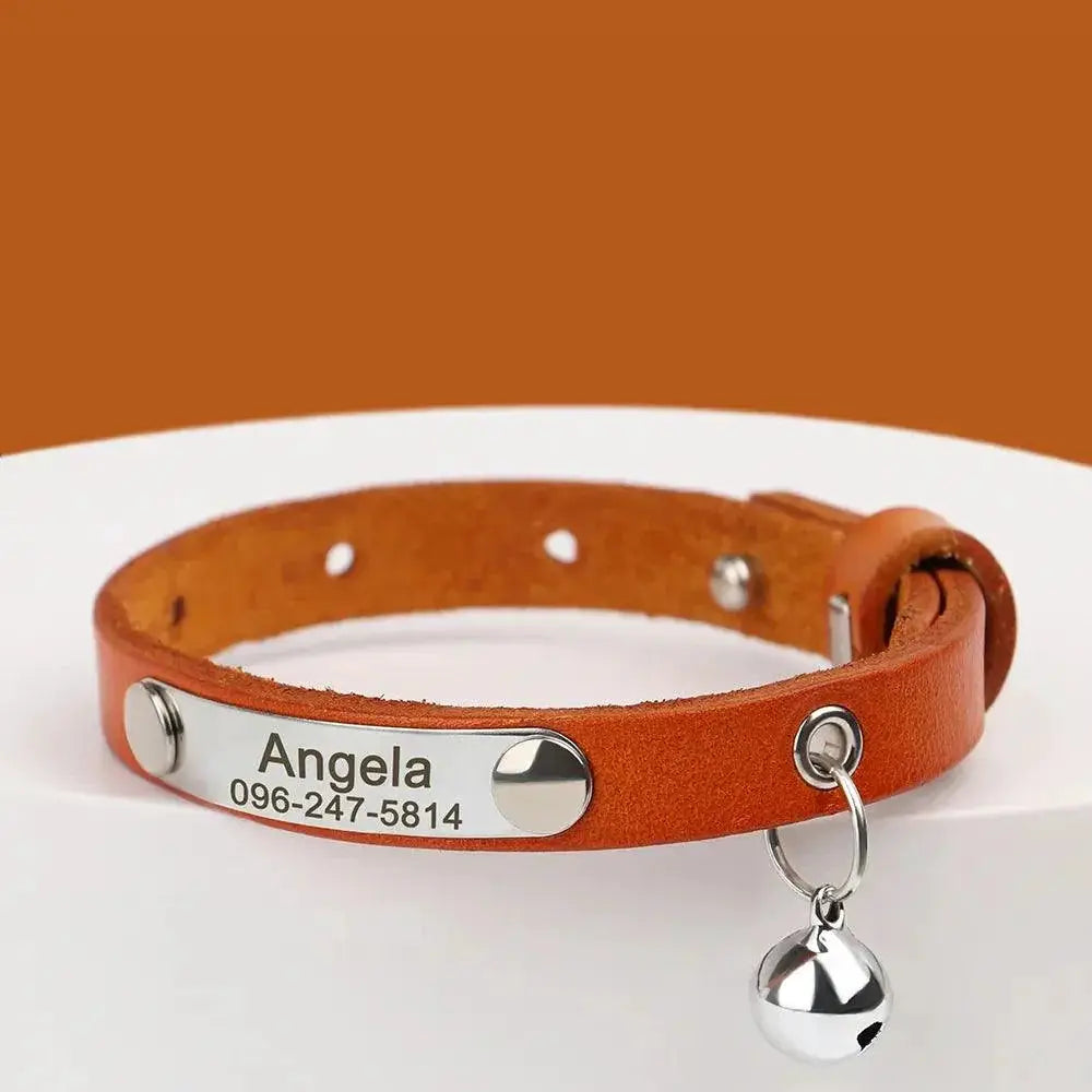 Custom Leather Personalized Cat Collar with Bell Safety