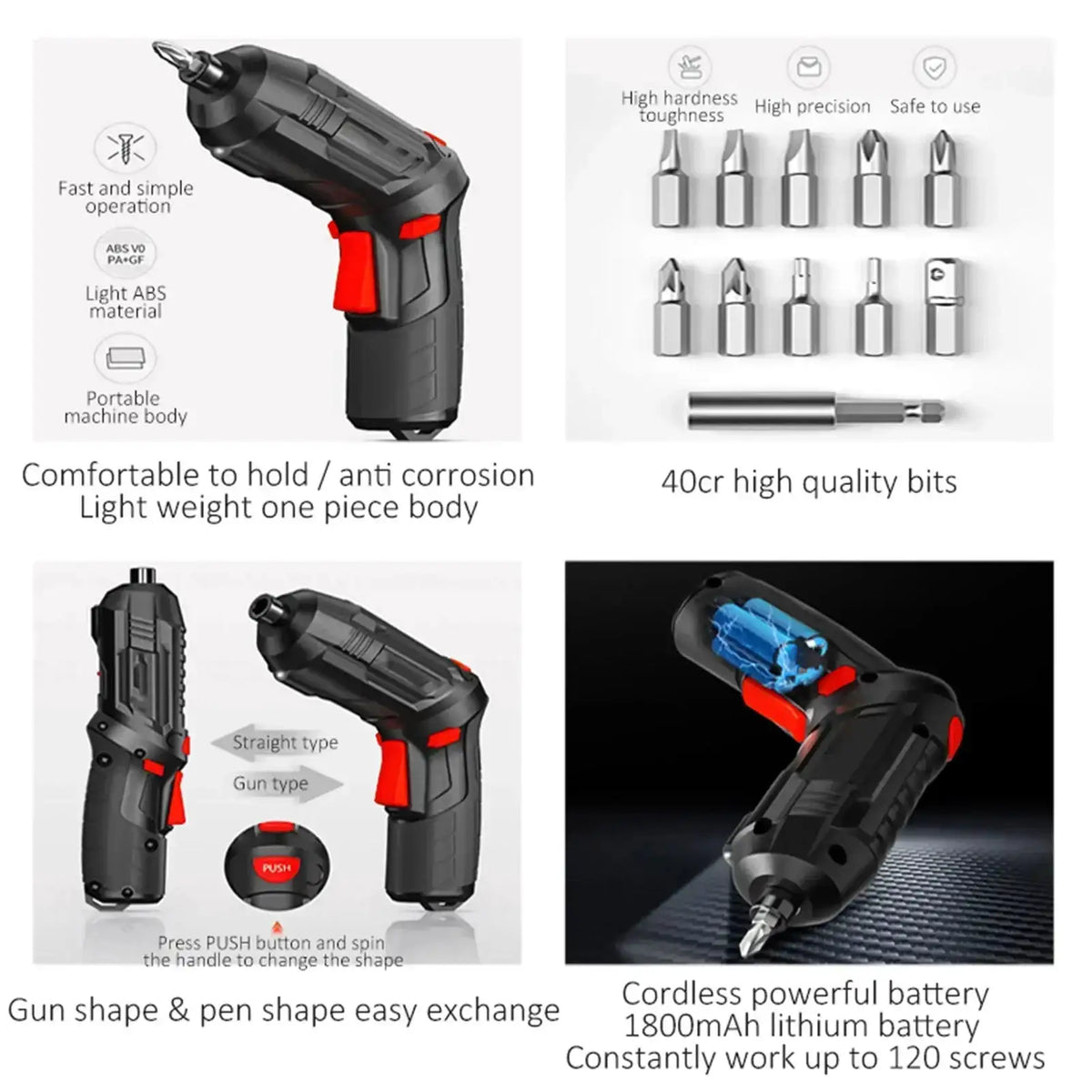 Portable Electric Screwdriver Cordless 2 in 1 Rotated 90 Degrees Rechargeable Screwdriver with LED for Home Office DIY Tools