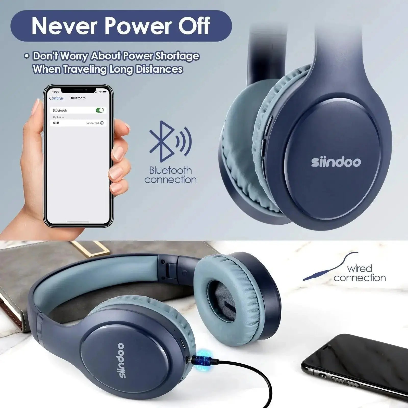 Siindoo Bluetooth Headphones Superior Sound Quality Bass