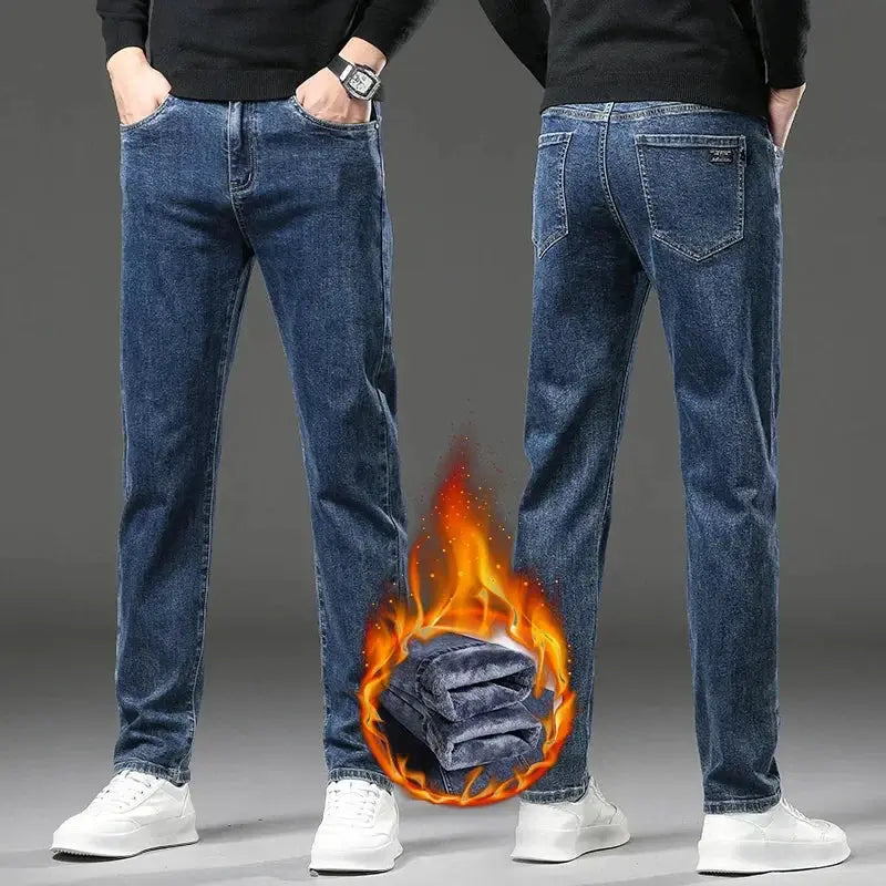 Winter Fleece Thick Warm Mens Slim Straight Denim Pants