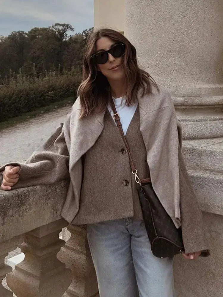 Chic Wool V Neck Coat For Women Elegant Office Jacket