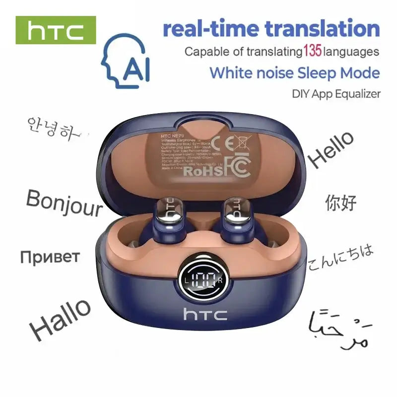 HTC NE79 TWS Bluetooth 6.0 Earbuds AI Translation 135 Languages ENC Noise Cancelling HiFi Stereo Headphones with LED Display