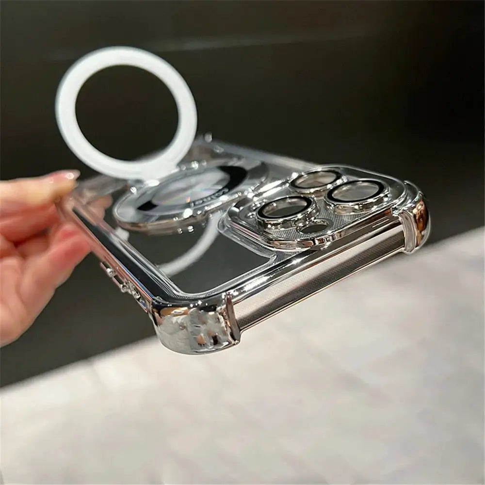Luxury Plating Shockproof Magnetic Bracket For Magsafe Clear Case For IPhone18 15 16 14 13 12 17 Pro Max With Holder Stand Cover