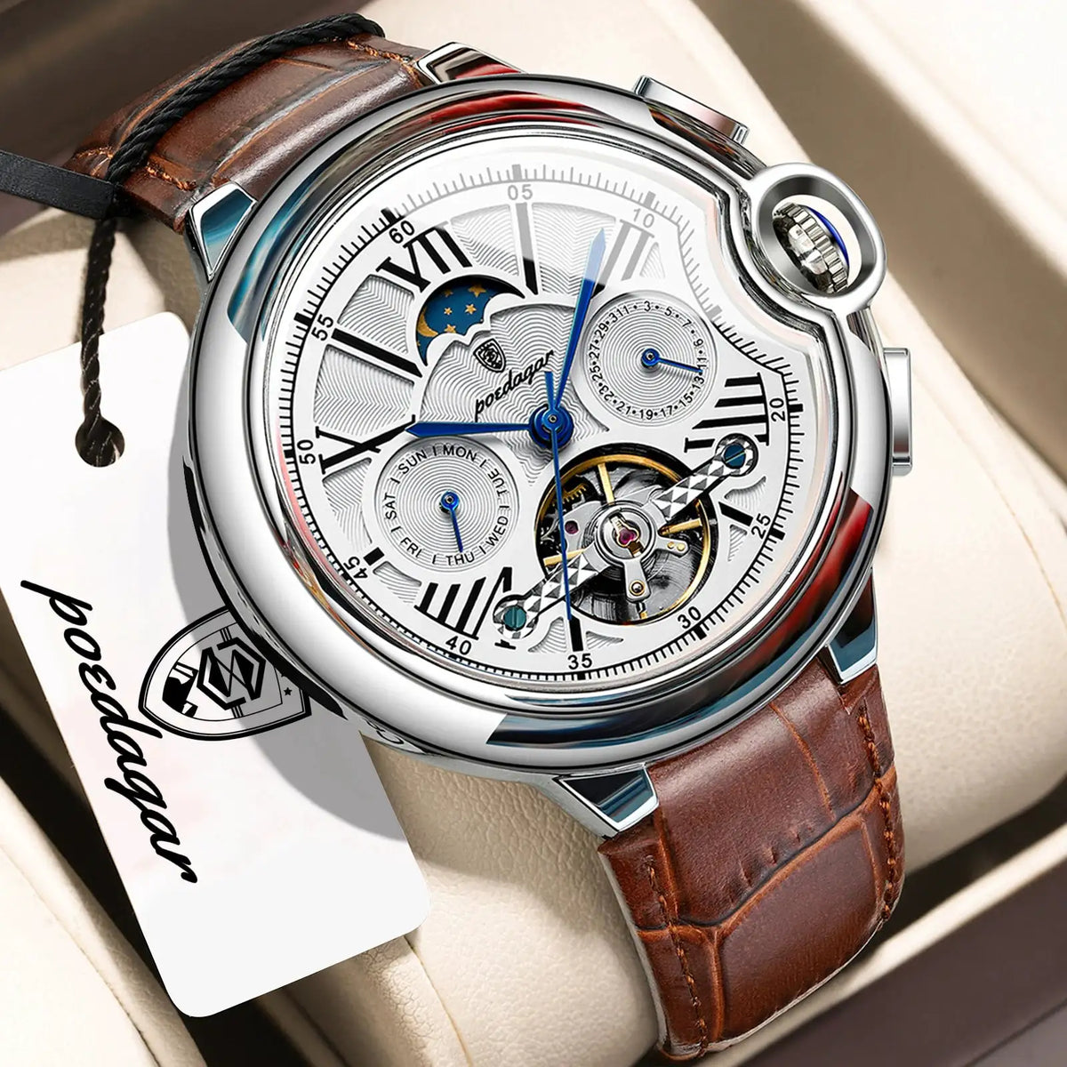 POEDAGAR Top Fashion Man Wristwatch Tourbillon Date Week Stainless Steel Men Watch Waterproof Automatic Mechanical Men's Watches