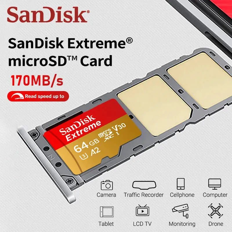 SanDisk Extreme Micro SD Card V30 A2 MicroSD Memory Card for Drones Switch Phone Up to 190Mb/s Flash TF Card 32GB 64GB 128GB 256