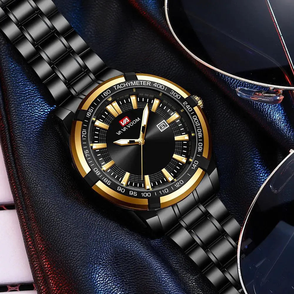 Gold Black Stainless Steel Mens Business Watch VA VA VOOM
