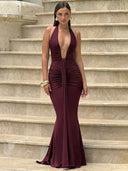 Mozision Deep V Neck Draped Maxi Dresses for Women Halter Backless Club Elegance