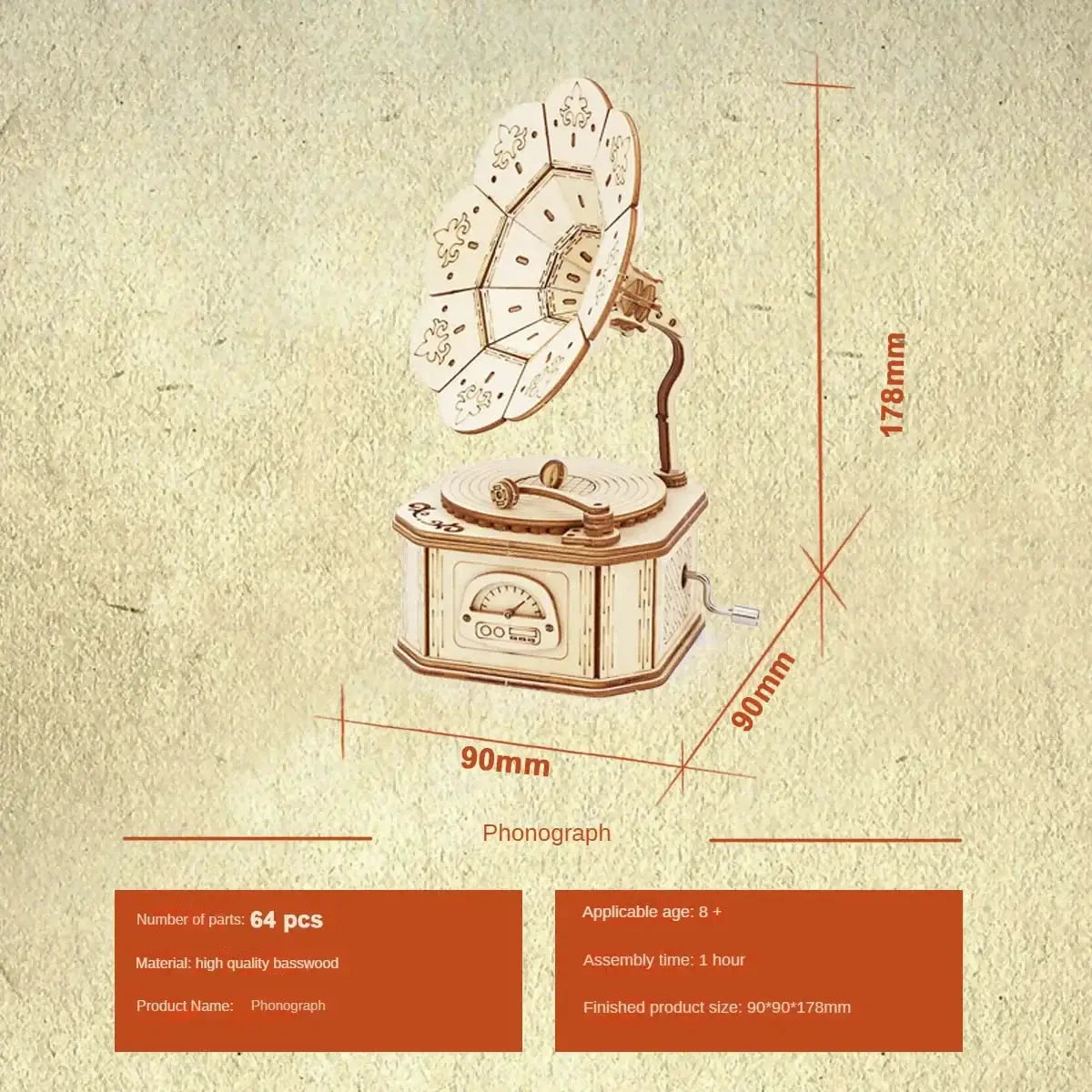 3D Wooden Gramophone Music Box Puzzle Kit Diy Gift Set