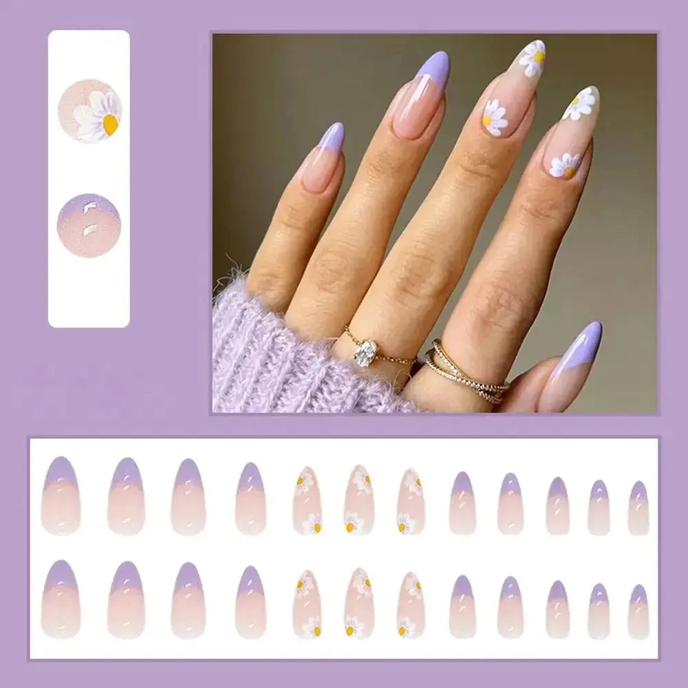 Purple Floral Ballerina Nail Tips 24pcs False Nails Box