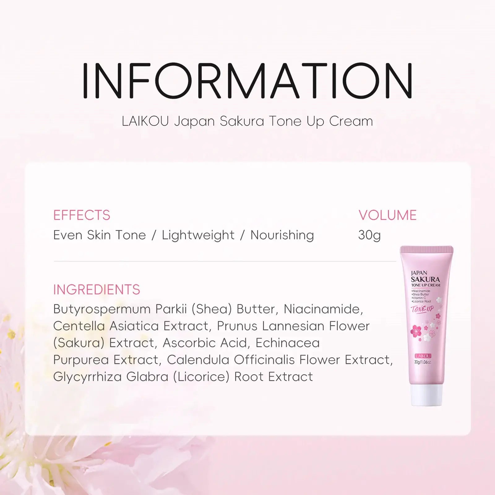 LAIKOU Cherry Blossom Suyan Cream Moisturizing Lazy Face Cream Tone up Brighten Skin Care Products Waterproof Sweatproof 30g