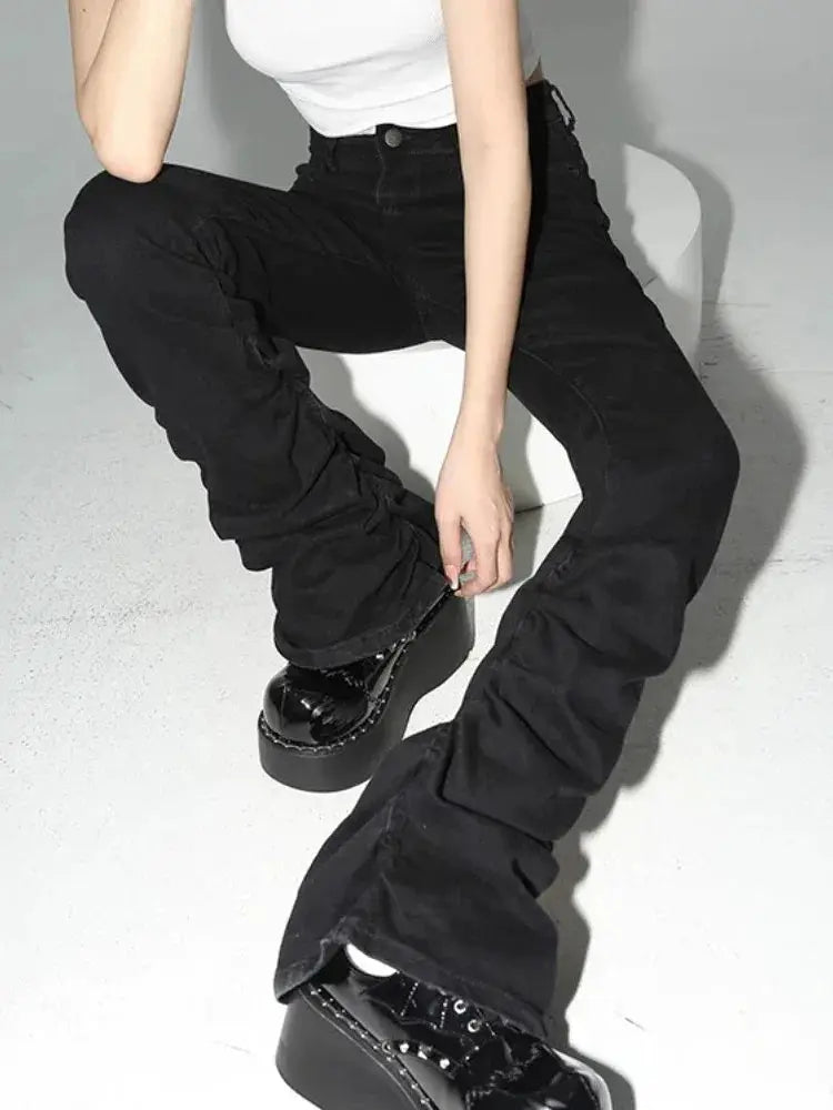 REDDACHiC Black Ruched Flare Jeans High Rise For Women