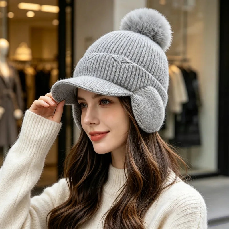Pompom Earflap Knit Winter Hat