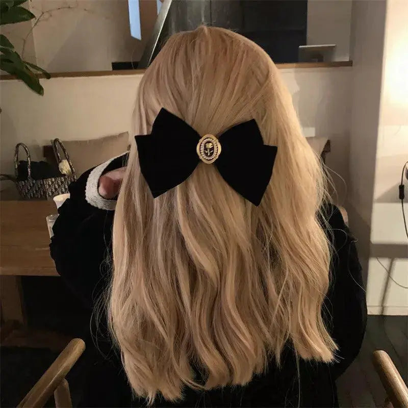 Velvet Bow Hair Pins With Alloy Rose Accents For Elegance