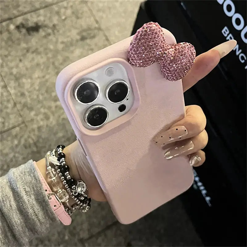 Luxury Rhinestone Bow Litchi Pattern Leather Shockproof Phone Case For iPhone 18 16 15 14 13 12 11 17 Pro Max X XS 7 Plus Case
