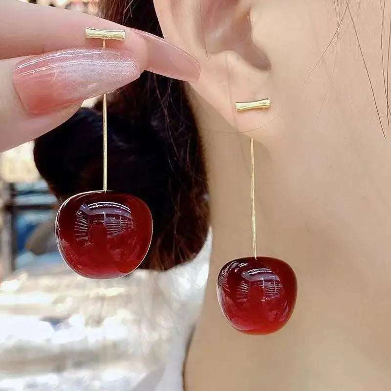 Sweet Cherry Charm Earrings Whimsical Korean Style