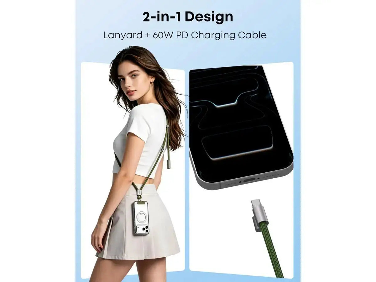 Newegg NEC11 2-in-1 Phone Lanyard Charger Cable, Adjustable Crossbody Neck Phone Strap Anti-Drop Hands-Free Phone Lanyard, 60W USB-C to USB-C Fast Charging Cord 4.92FT, Universal for iPhone Samsung